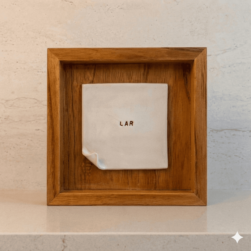Quadro com moldura de madeira verdadeira e placa em cerâmica fria, da linha 02 da Deliluz Decor